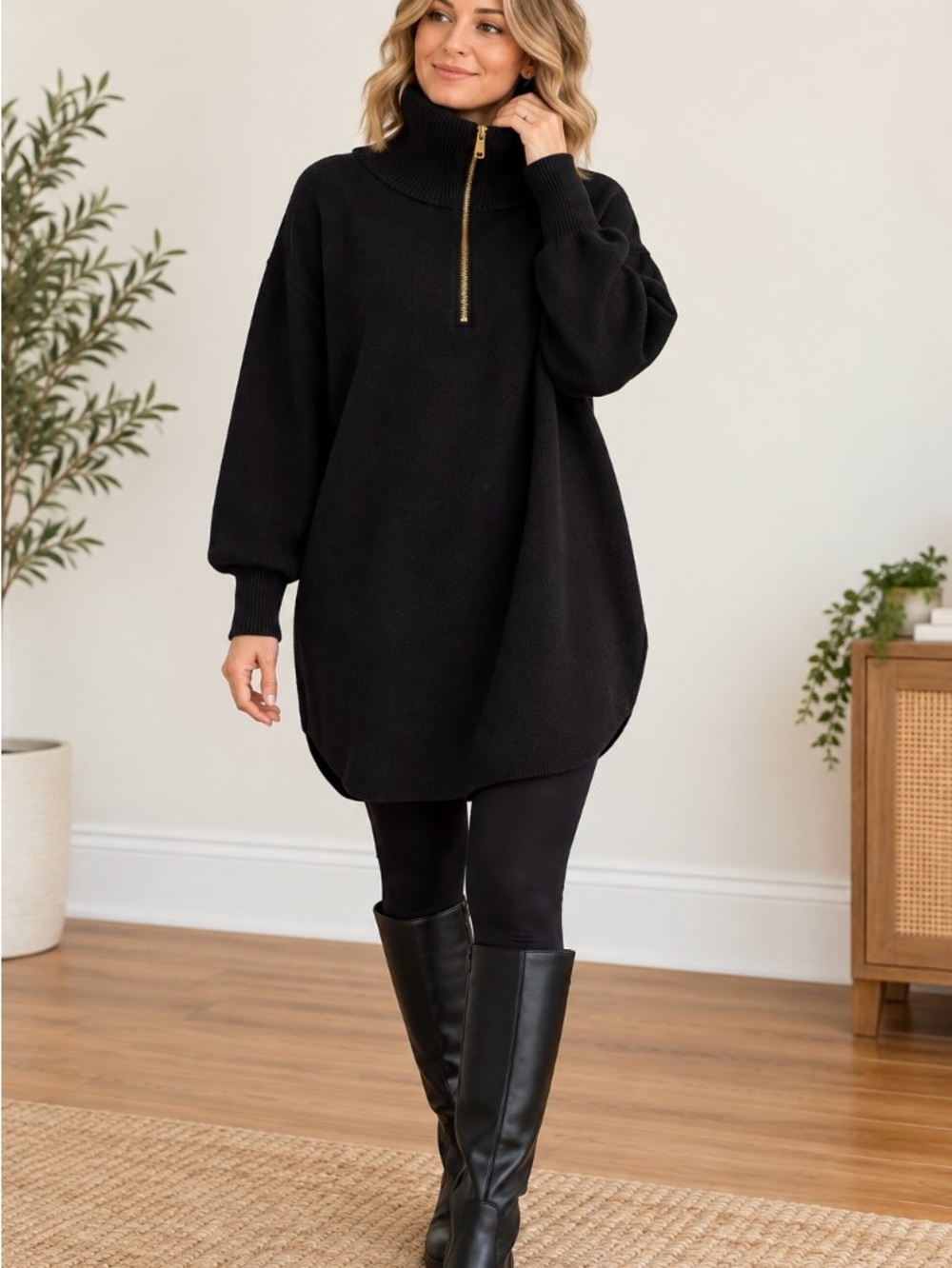 Dex Black Oversized Half Zip Sweater Dress Tunic Gold Zip XL